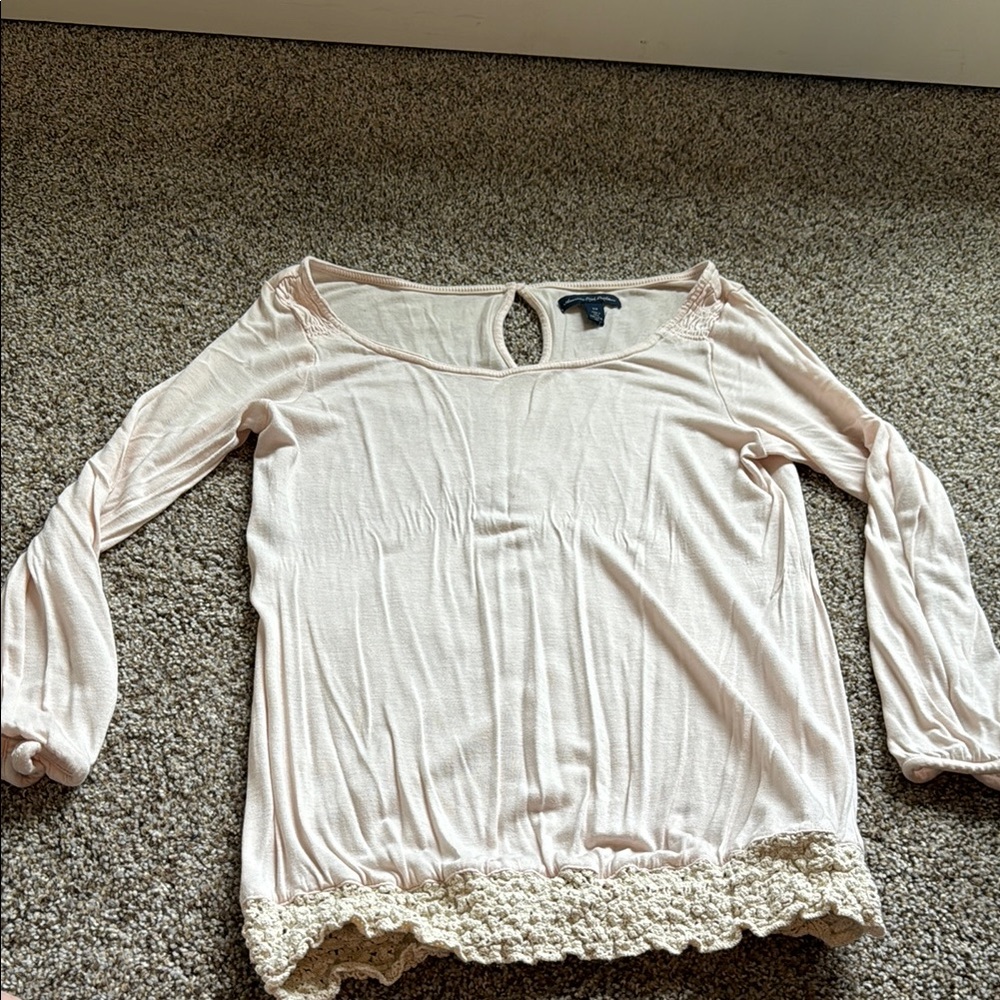 American Eagle Outfitters Light Pink Blouse with Lace Trim